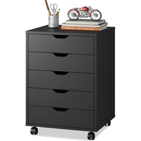 Caisson de bureau à 5 tiroirs avec support imprimante et roulettes, rangement sous bureau, noir (1/5)
