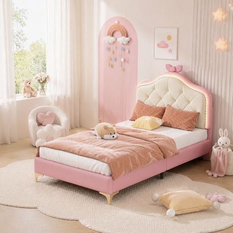 DESMIU Lit simple 1 place avec LED multicolore et tête ondulée, 90 × 200 cm, sans matelas, PU rose et blanc (1/5)