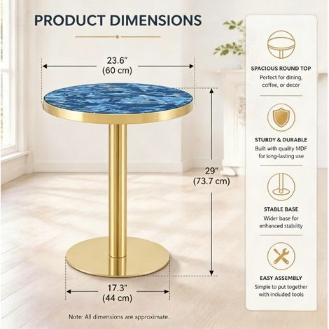 MEUBLIV Table d'appoint ronde 60 cm bleu – effet marbre, structure métal doré (1/5)