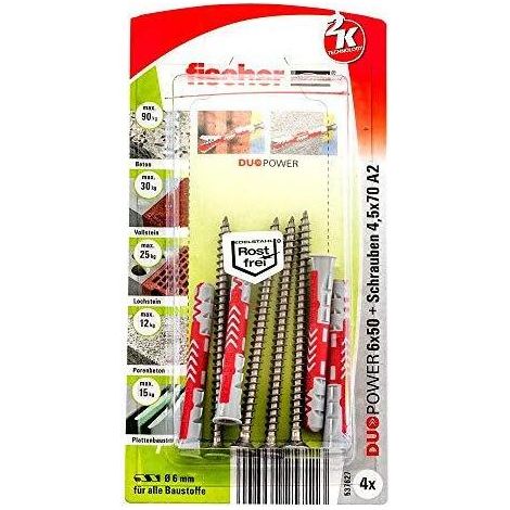 Fischer 4x DUOPOWER 6x50 tornillo acero inoxidable A2 - 537627