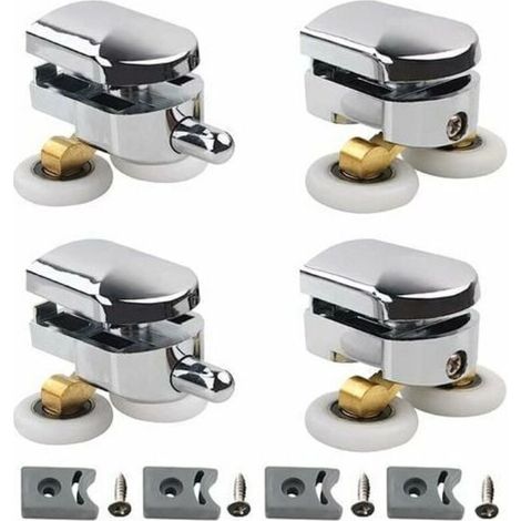 Accessoires pour roulettes de porte, roulettes doubles - pour portes de douche coulissantes, 2 roulettes Salle de bains en alliage de zinc diamètre 25 mm, avec butoirs et éléments de fixatio (1/3)