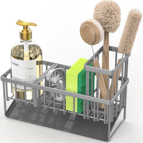 Soporte alto para esponja de lavabo con portacepillos de dientes, gris. (1/5)