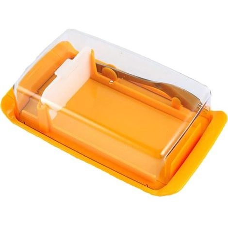 Transparente Butterdose mit integriertem Messer. Praktischer Aufbewahrungsbehälter für die Küche. Einfaches Schneiden und perfekte Scheiben zur Aufbewahrung von Butter und Käse. (1/5)
