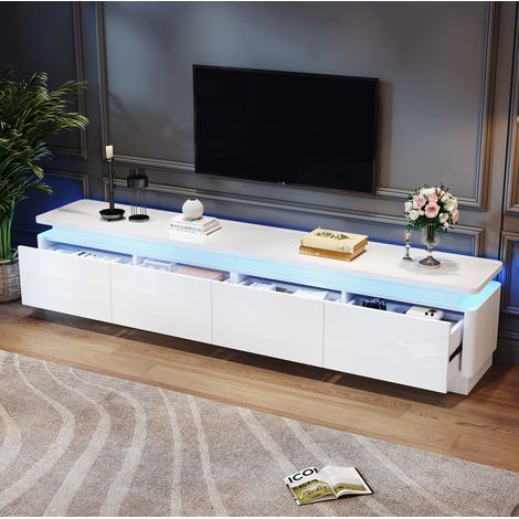 Meuble TV 180x34x40 cm en panneau de particules blanc, 4 tiroirs LED Bluetooth - CHICFURN (1/5)