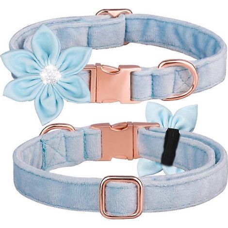 Geknotetes Halsband für Katzen und Hunde, Prinzenblume, Strasskristalle, hellblauer Samt, Größe M