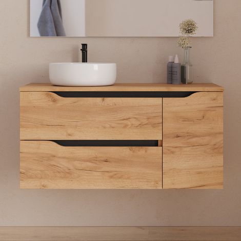 Meuble de salle de bain 100cm avec plateau et vasque à poser déportée à gauche Ares - sans miroir - 2 tiroirs et un placard - roble (chêne clair) - ZARZA