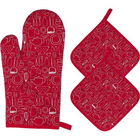 Guanti da forno e presine, guanti da forno da cucina in cotone resistenti al calore, guanti da cucina con polsino lungo per grigliare, cucinare, cuocere al forno, microonde, 3 pezzi (rosso)
