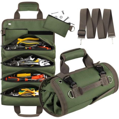 Heavy-duty tool bag, roll-up tool organizer, portable tool storage box with 2 removable zippered bags, green (1/5)