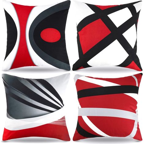 Design géométrique moderne housse coussin 45x45 cm lot de 4 rayures velours double face rouge noir gris, décoration salon maison (1/4)