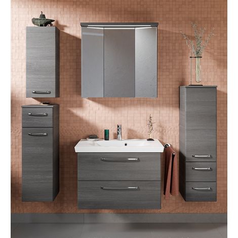 Badezimmer Komplett Set mit Mineralmarmor Waschbecken TRENTO-66 in Graphit Struktur Nb., B/H/T: ca. 170/200/51 cm (1/5)
