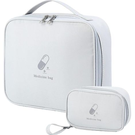 Set di 2 borse per medicinali, organizer per pillole, piccolo porta medicinali portatile, mini kit di pronto soccorso portatile per attività all'aperto, sport, casa, campeggio, escursionismo, grigio, (1/4)