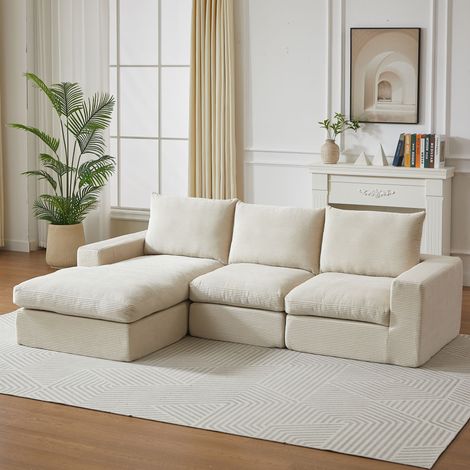 Wandlungsfähiges 3-Sitzer Ecksofa, Aus Rippvelours, 3 Kissen, Kaltschaum, L-Form für Wohnzimmer & Schlafzimmer
