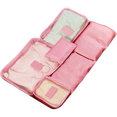Set de 6 sacs de rangement de voyage imperméables en tissu Oxford, cubes de compression pour valise, organisation bagage, rose (1/5)