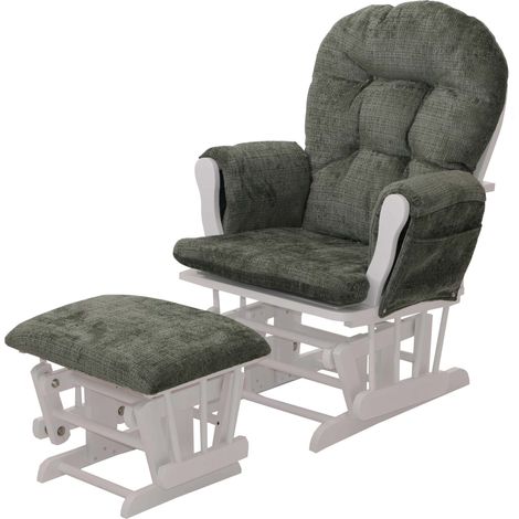 Poltrona a dondolo HHG-009 sedia relax poggiapiedi Stoffa/tessuto ciniglia (465g/m²), verde, struttura bianca