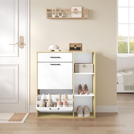 Meuble à Chaussures avec Tiroir WOLTU, Armoire à Chaussures, à 3 Niveaux, Compartiments Rabattables et Ouverts, en Bois Composé, Blanc + Bois Naturel (1/5)