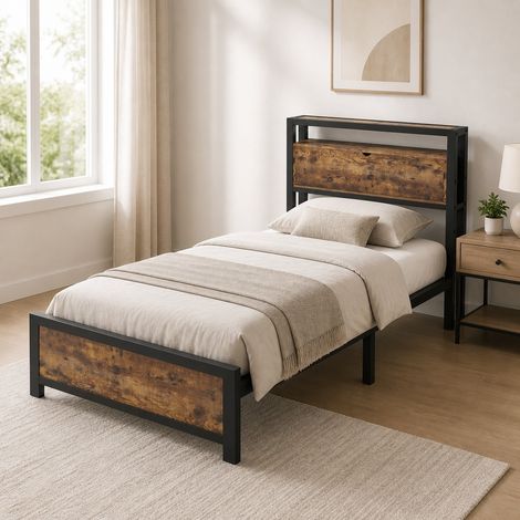 Cama individual de metal y madera natural 90x200 cm con cabecero de almacenaje y somier de lamas metálicas (1/5)