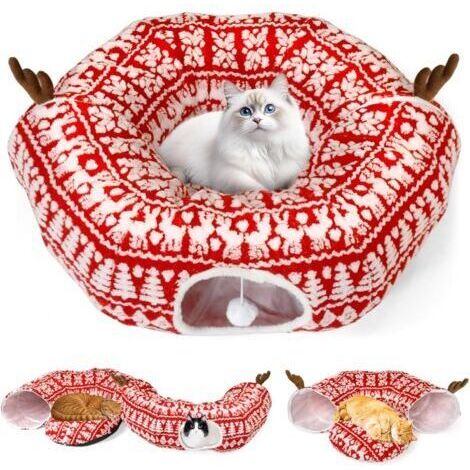 Tunnel pour chat - Pliable - Avec balle de jeu - Lit de jeu - Tunnel bruissant multifonction - Jouet interactif pour chaton d'intérieur - Motif Noël (1/5)