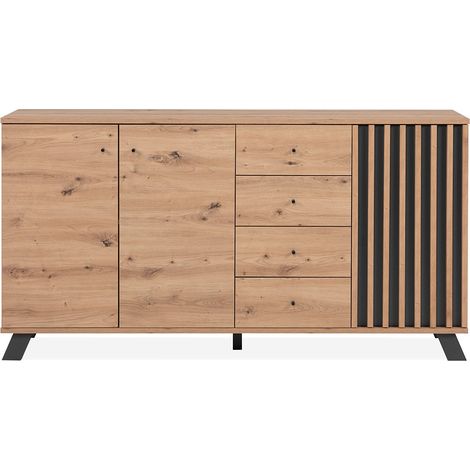 Buffet salle a manger MEDAN - Décor chene artisan et anthracite - 3 portes + 4 tiroirs - L160 x H85 x P40 cm (1/5)