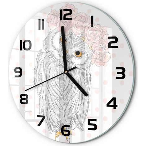 Horloge Murale Ronde Mouvement Fluide Verre Trempé Silencieuse Sans Tic-Tac Hibou dans une couronne fi 30 cm (1/5)