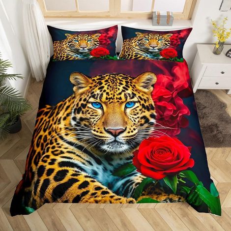 Bettwäsche-Set 155x220 cm mit Leoparden- und Rosenmotiv, für Kinder und Erwachsene