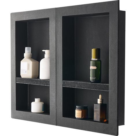 Niche Encastrable Salle de Bain, 40,6x61 cm + 40,6x61 cm, Niche Douche Encastrable Murale Étagères Organisateur Rangement Moderne, pour Stockage de Savon, Shampoing, Douche, Salle de Bains, Noir (1/5)