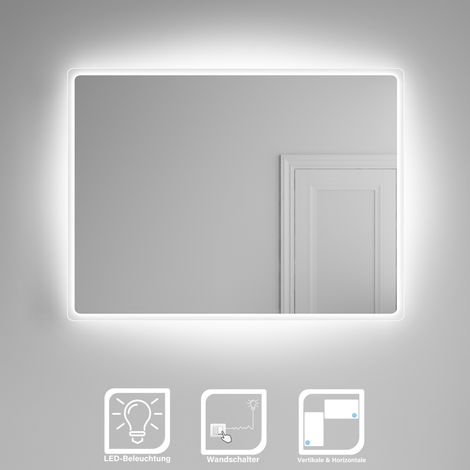 SONNI Badspiegel Badezimmerspiegel LED Beleuchtung Kupfer/bleifreie Wandspiegel kaltweiß licht Wandschalter Energiesparender 80x60 cm IP44 (1/5)