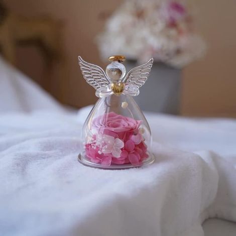Figurines - - Ange en Verre - Rose Éternelle - Fleurs Stabilisées - Cadeau Saint-Valentin (1/4)