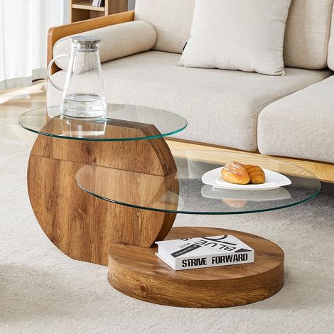Table basse moderne et minimaliste, dotée d'un plateau en verre trempé et d'une structure multicouche, reposant sur un support en MDFmit natürlichen Holz-Textur-Aufklebern