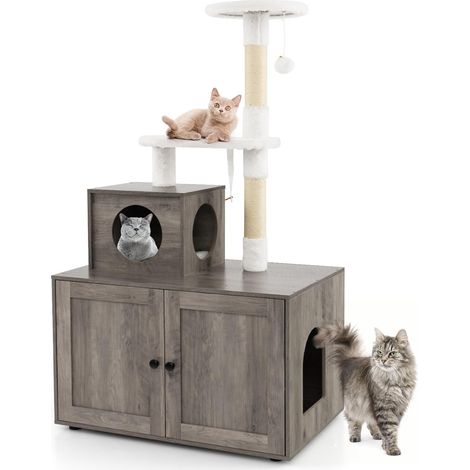 COSTWAY Tiragraffi per Gatti Adulti con Rifugio ad Ante Nascosto, Torre per Gatti con Cuccia, Piattaforma, Cuscini e Tiragraffi, Albero per Animali Grandi Alto in Legno, 77,5 x 49 x 132 cm (Grigio) (1/5)