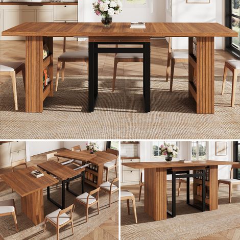 Mesa de comedor extensible con almacenamiento integrado, patas de metal resistentes, detalles en madera, extensión en 3 posiciones, mesa compacta para la cocina y el comedor, color marrón oscuro. (1/5)