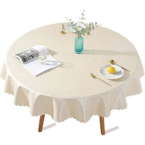 Round PU Coated Plastic Tablecloth, Stain Resistant, Waterproof, Oilcloth, Elegant Floral Design for Picnic, Outdoor, Garden - Diameter 140cm, Light Beige (1/4)