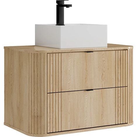 Mobile bagno sospeso con lavabo da appoggio quadrato e rubinetto Naturale chiaro 80 cm - FILOR (1/5)