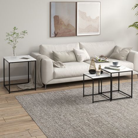 Beistelltische fürs Wohnzimmer, 3-teiliges Satztisch-Set in Marmoroptik mit Stahlgestell fürs Schlafzimmer, Weiß