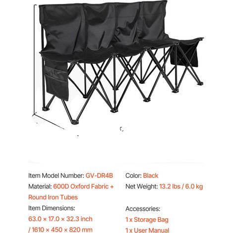 Tragbare Klappbank, leichtes Design, einfacher Transport, 4sitz Schwarz (1/2)
