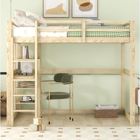 Hochbett 140x200 mit Schreibtisch und 4 Ablagen Kiefer OKMYHOME (1/5)