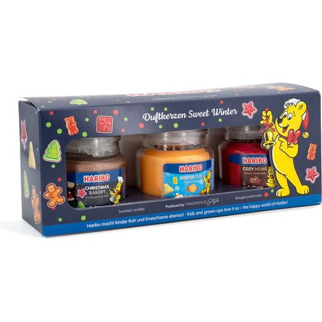 Set regalo candele profumate Haribo™, 3 candele in vetro da 85 g, cera di paraffina, idea regalo, rosso/arancione.