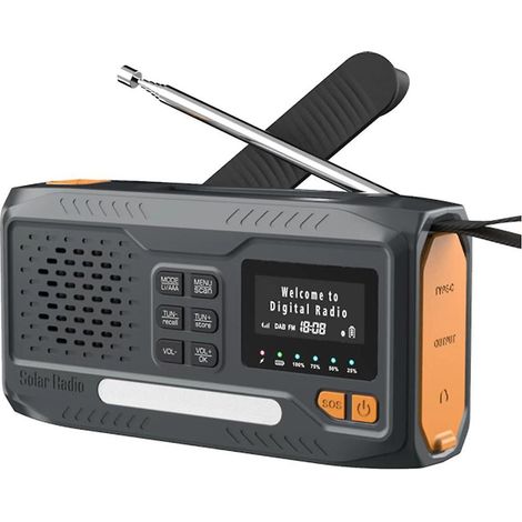 Radio DAB/FM portable avec Bluetooth, alimentation solaire, récepteur d'urgence, utilisation extérieure avec manivelle. (1/5)