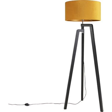 QAZQA Tripod Floor Lamp Black with Yellow Lampshade and Gold 50