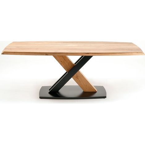 Table de salle à manger rectangulaire en bois d'acacia massif coloris naturel et pieds croisés en métal laqué noir mat - longueur 180 x hauteur 77 x profondeur 100 cm (1/4)