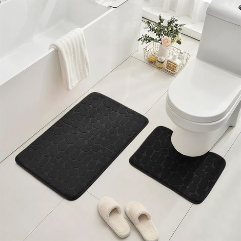 2PCS Tapis de Bain, 50 x 80 cm Tapis de Bain en Mousse à Mémoire de Forme, 40 x 50 cm Tapis de Toilette, Absorbant et Doux Lavable en Machine pour Douche, Salle de Bain (Noir) (1/5)