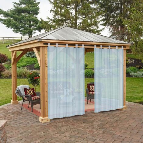 Lot de 2 Rideau Voilage Lin Imperméable Filtre Lumière Extérieur Intérieur Jardin Patio Bleu L132 x H213 cm (1/5)