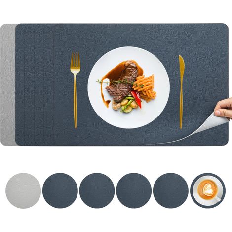 Set de Table Lavable, Set de Table Cuir Double Face avec des sous-Verres, Sets de Table Plastique, Set Table Napperon Rectangulaire (Bleu + Gris, Lot de 6)