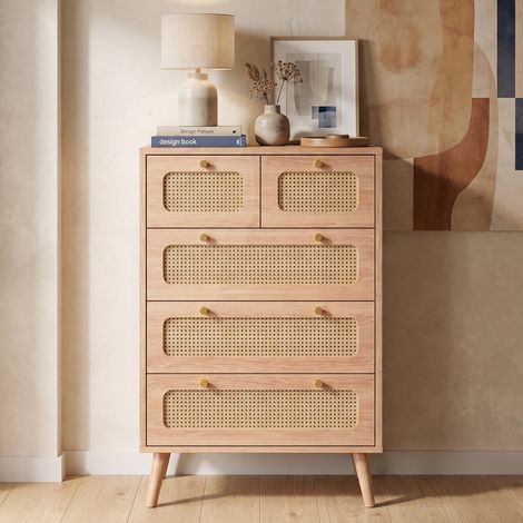 Commode 60 cm effet rotin, 5 tiroirs, buffet 60, commode chambre, meuble de rangement, style scandinave, Chêne clair (1/5)