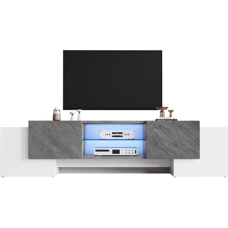 Meuble TV LED blanc et gris 180 cm pour téléviseurs 60 à 70 pouces, 4 portes, rangements ouverts, étagères en verre et app LED silencieux  CHICFURN (1/5)