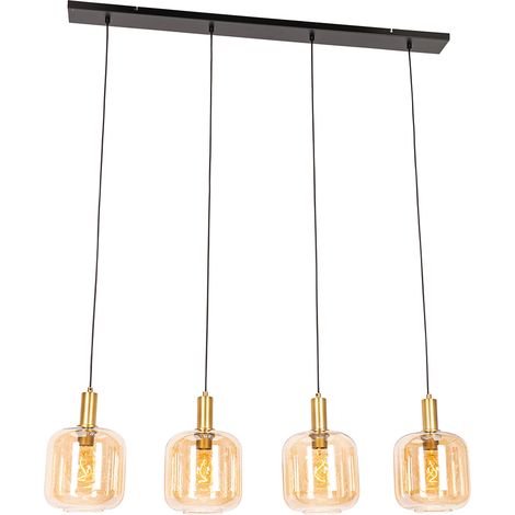 Smarte Pendelleuchte Schwarz mit Messing und bernsteinfarbenem Glas 4-flammig inkl. 4 Wifi G95 - Zuzanna
