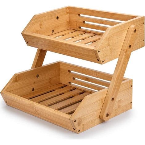HONORNIC - 2-Tier Bamboo Fruit Basket, Bread Basket, Vegetable Storage, Snack Rack in Kitchen and Office