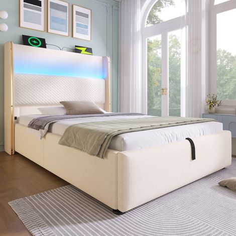 Letto idraulico moderno 90x200 cm con testiera alta, LED, USB/Type-C, vano contenitore, rivestimento effetto lino beige (1/5)
