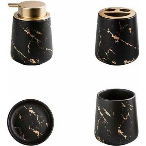 Ensemble de 4 accessoires de salle de bain en céramique marbrée - Distributeur de savon, porte-brosse à dents, gobelet, porte-savon - Noir mat,12.58.5cm (1/4)
