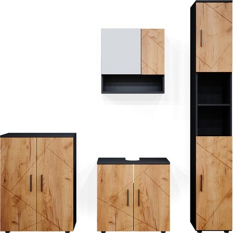 Ensemble de meubles de salle de bain Irma, Chêne doré/anthracite, 4 pièces, avec armoire haute et commode, Vicco