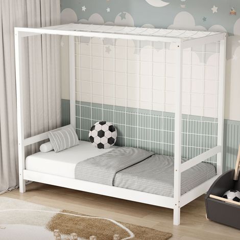 ML-Design Cama Infantil 80 x 160 cm en Forma de Portería de Fútbol Balonmano + Colchón 10cm Madera de Pino Blanca, Cuna Individual para Niño con Somier de Láminas y Red Litera Maciza Juvenil de Juego (1/5)